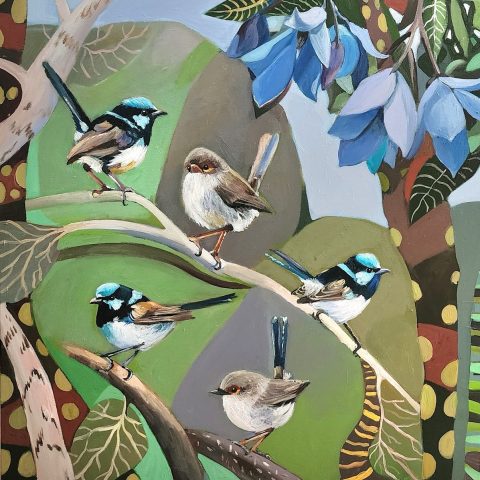 Fairy Wrens with Blue Leaves