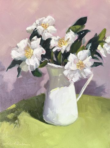 Camellias in White Milk Jug (Oak Float Frame)